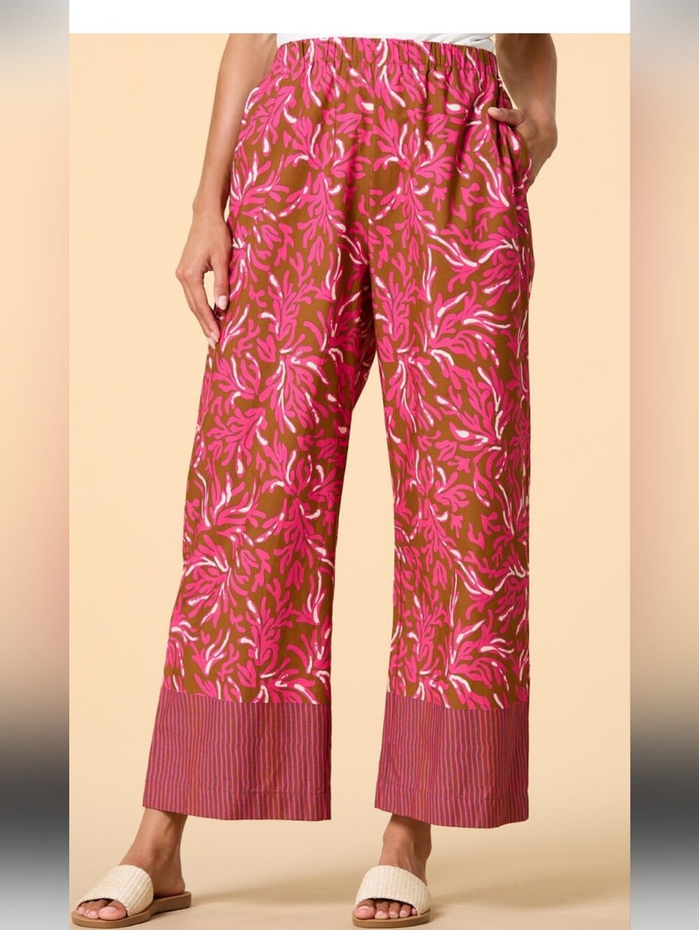 MELLODAY Striped-Cuff Wide-Leg Pants in Pink and Brown SZ XL